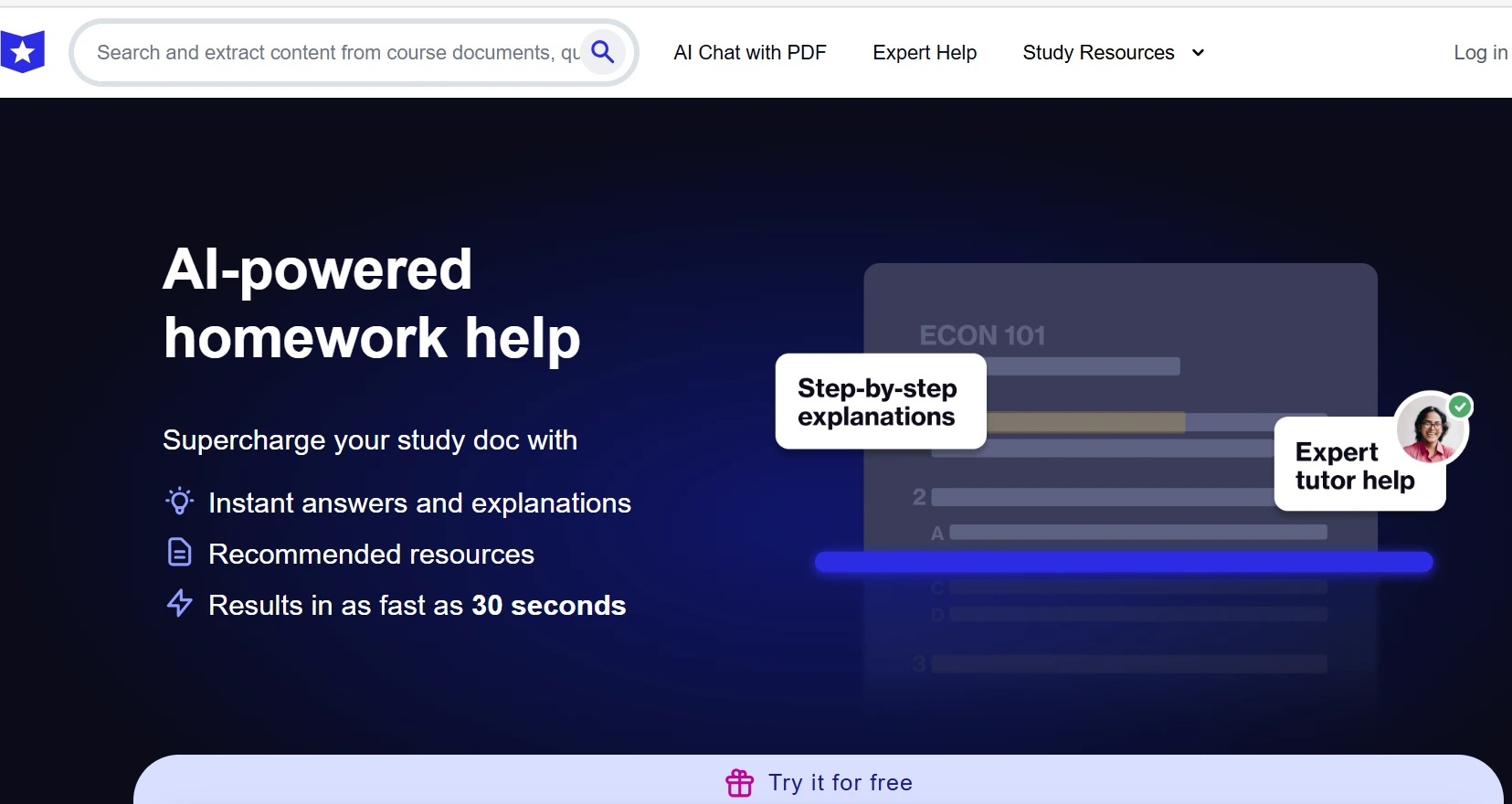 Course Hero banner promoting AI-powered homework help with instant answers, recommended resources, results in as fast as 30 seconds, plus callouts for step-by-step explanations and expert tutor help.