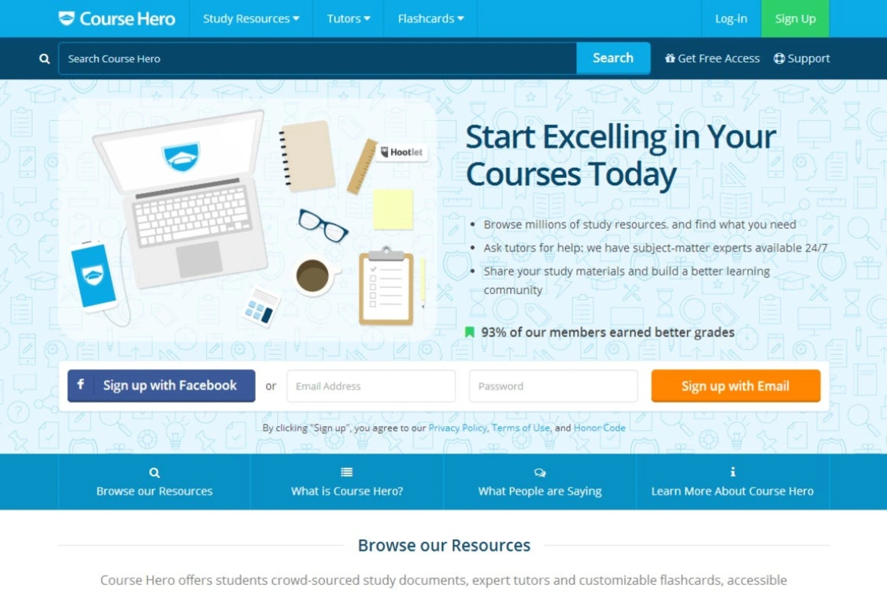 Coursehero homepage screenshot with the headline “Start Excelling in Your Courses Today,” a search bar, sign-up form, and benefits like browsing study resources and getting tutor help.