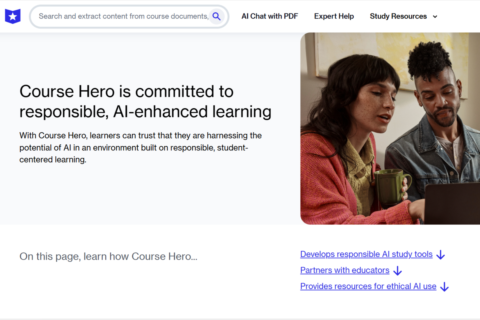 Course Hero webpage screenshot stating “Course Hero is committed to responsible, AI-enhanced learning,” with navigation links like AI Chat with PDF and a photo of two students studying on a laptop.
