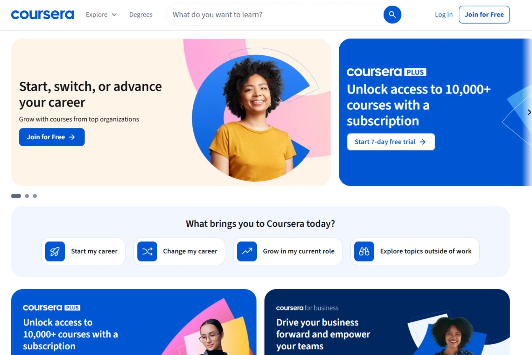 Coursera homepage showing career-focused online courses, “Start, switch, or advance your career,” and Coursera Plus subscription offer.