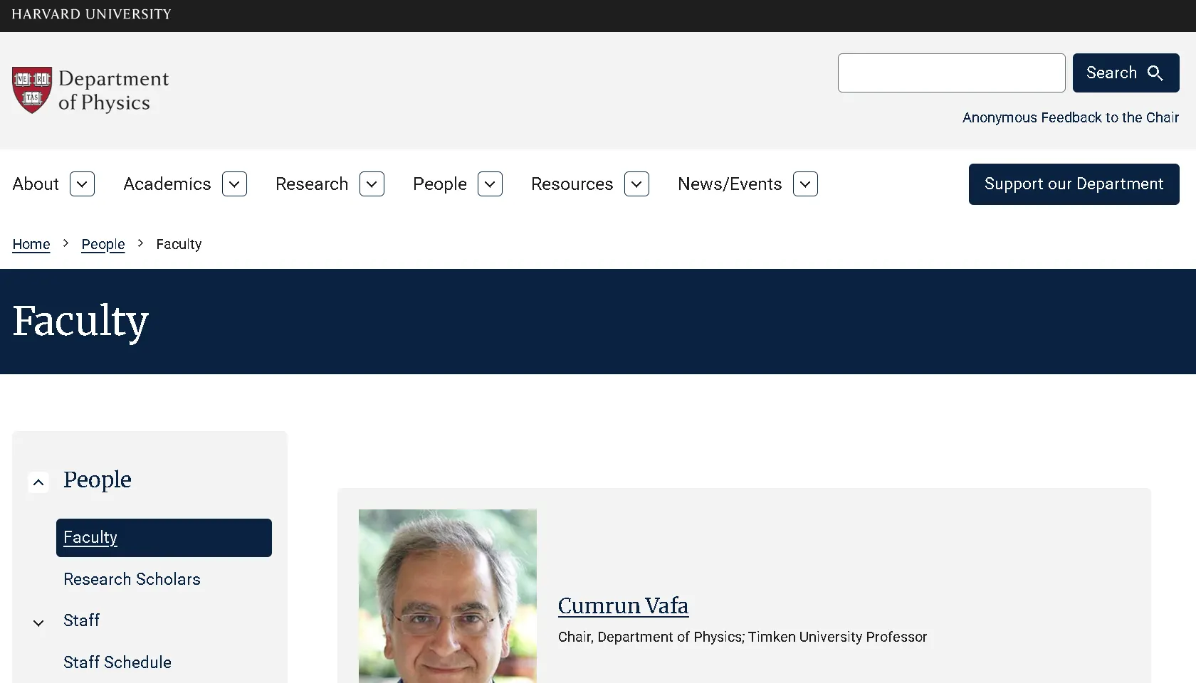 Harvard University Physics faculty page listing professors, researchers, and academic staff with profiles and research areas