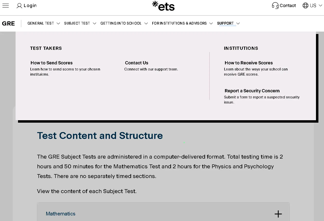 GRE Subject Test content structure webpage showing physics exam topics, question format, and syllabus breakdown by ETS