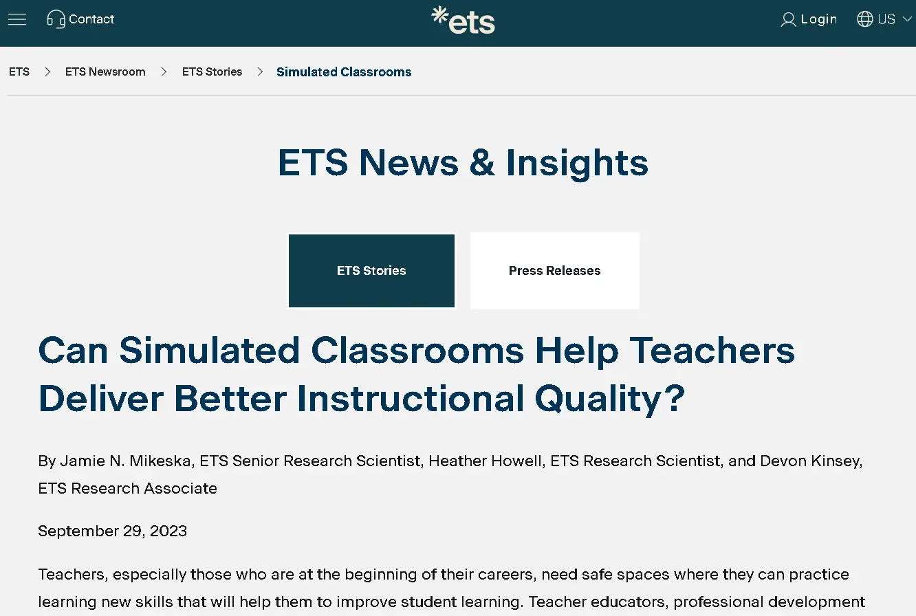 ETS simulated classrooms article showing virtual teaching environments, student avatars, and teacher training technology for instructional improvement
