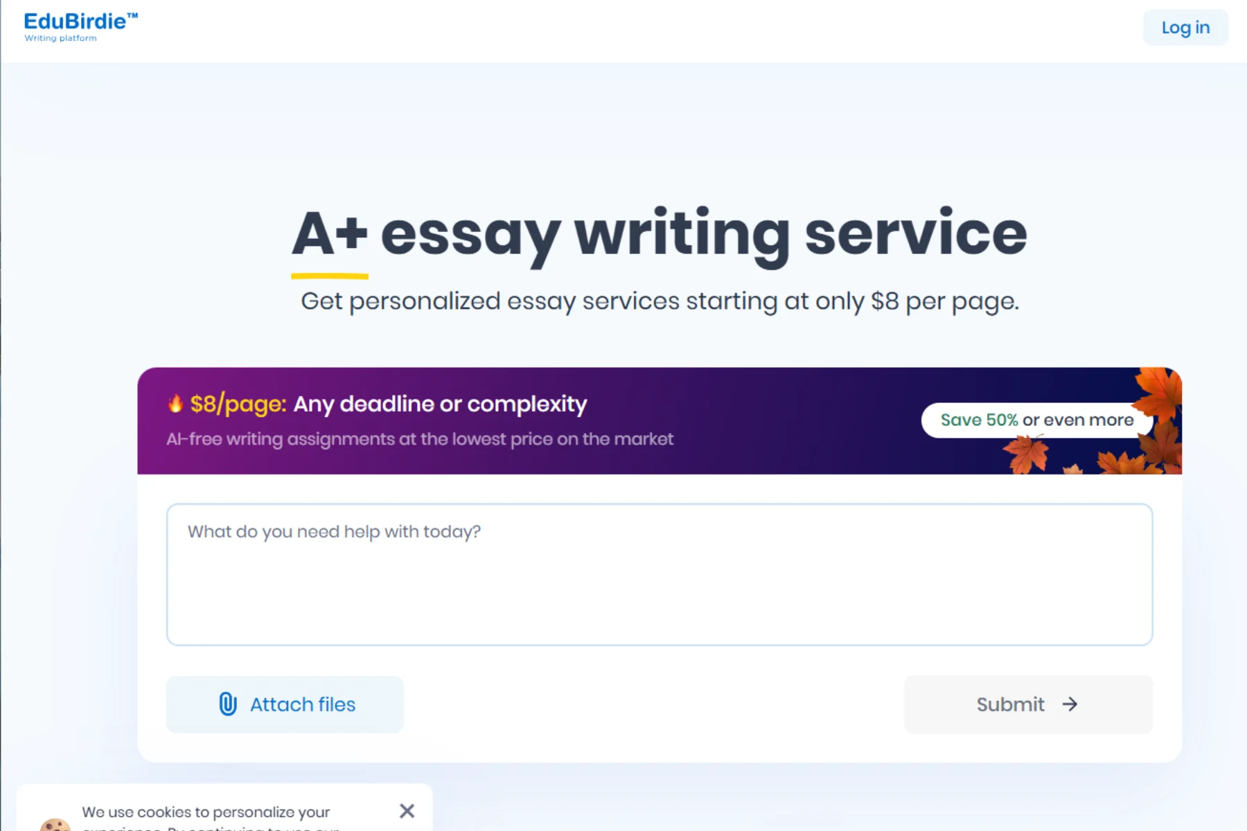 EduBirdie homepage showing A+ essay writing service banner, $8 per page pricing offer, AI-free writing claim, and essay submission form interface.