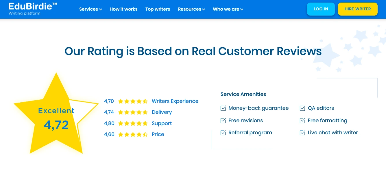 EduBirdie customer ratings showing 4.72 overall score with reviews for writers experience, delivery, support, and pricing
