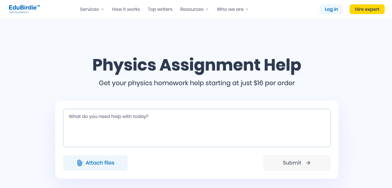 EduBirdie physics assignment help page with homework request form and pricing starting at $16 per order