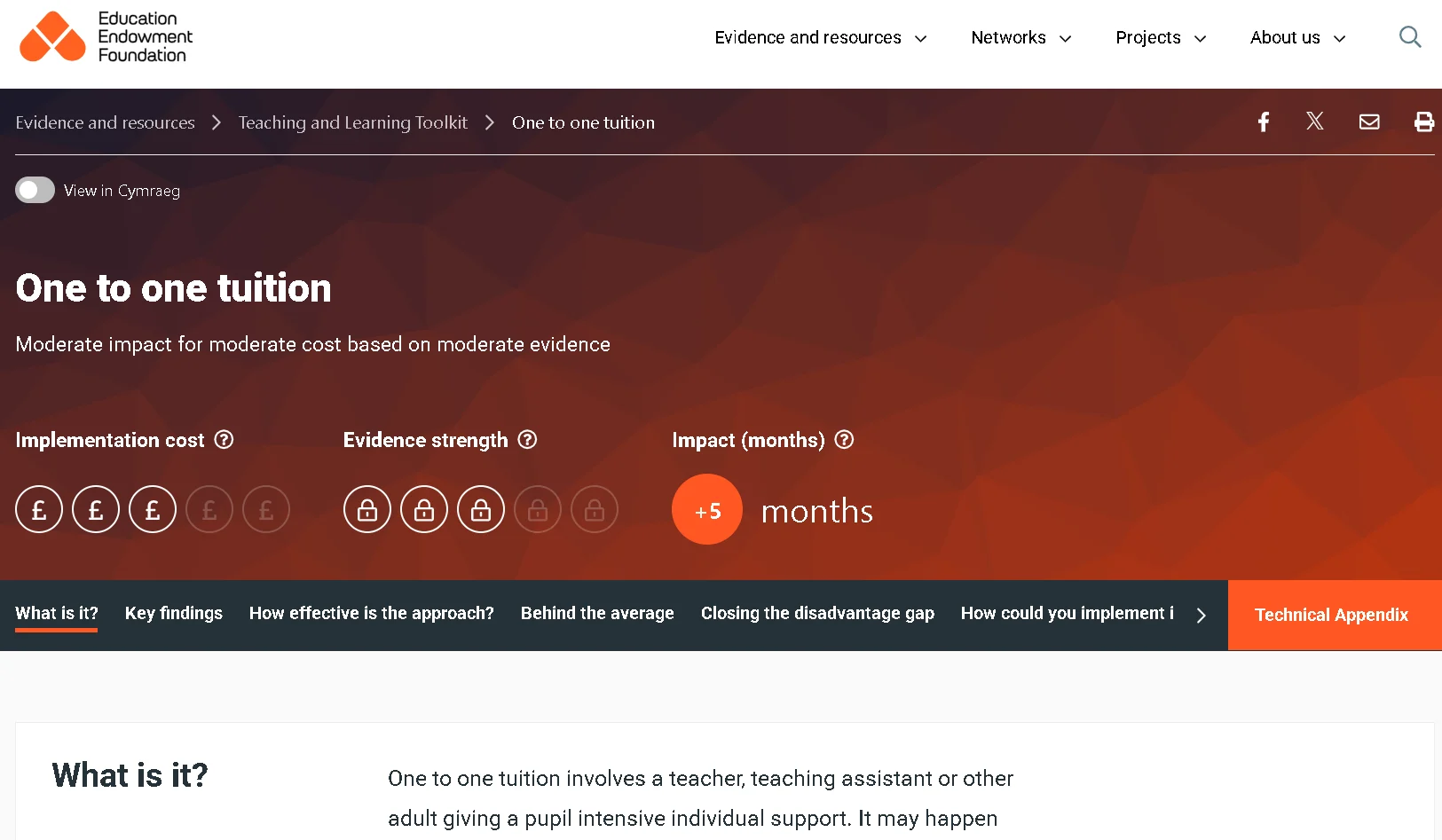 Education Endowment Foundation one-to-one tuition toolkit page showing impact, cost, and evidence rating