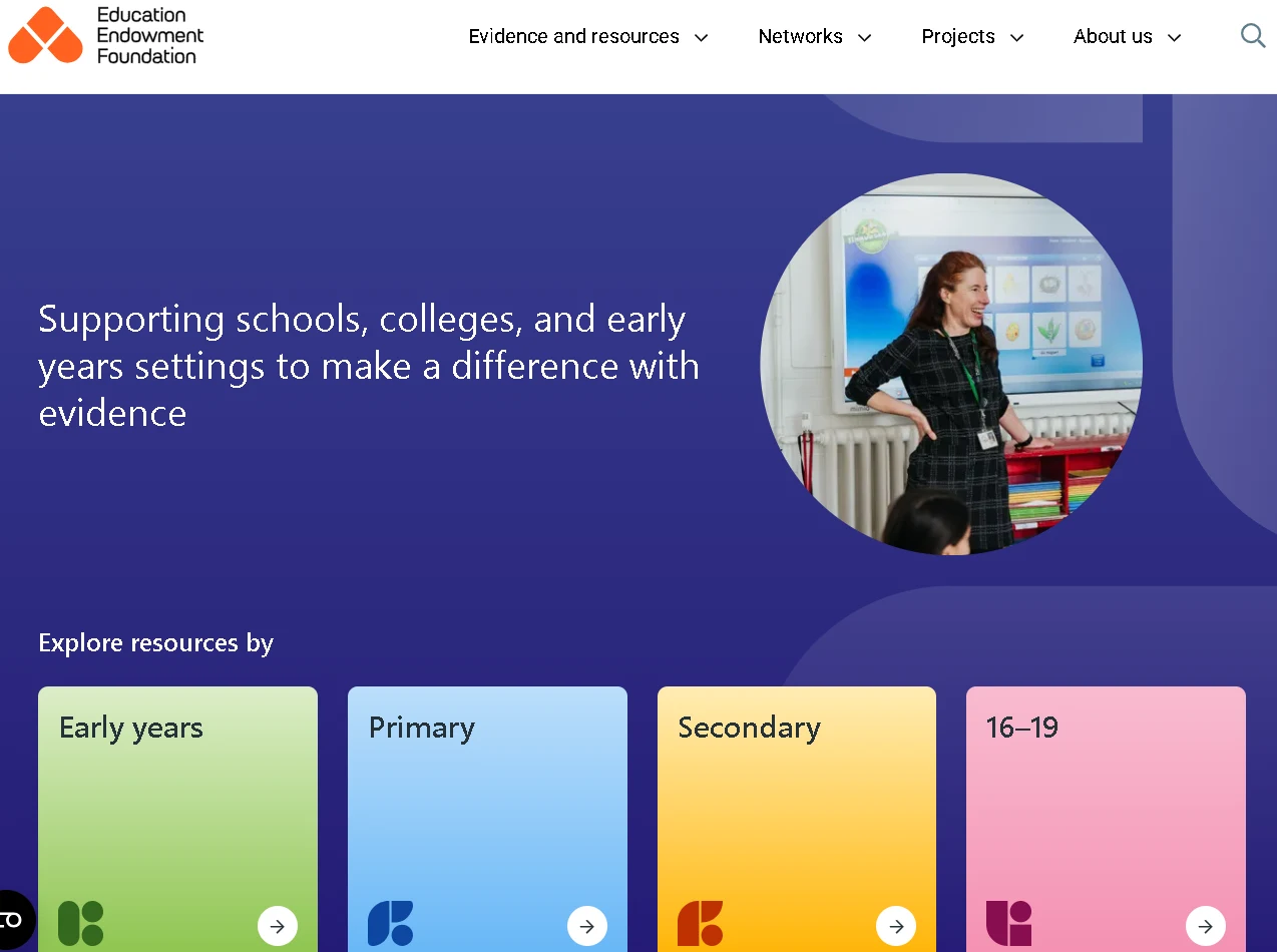Education Endowment Foundation website showing evidence-based resources for schools, teachers, and education research