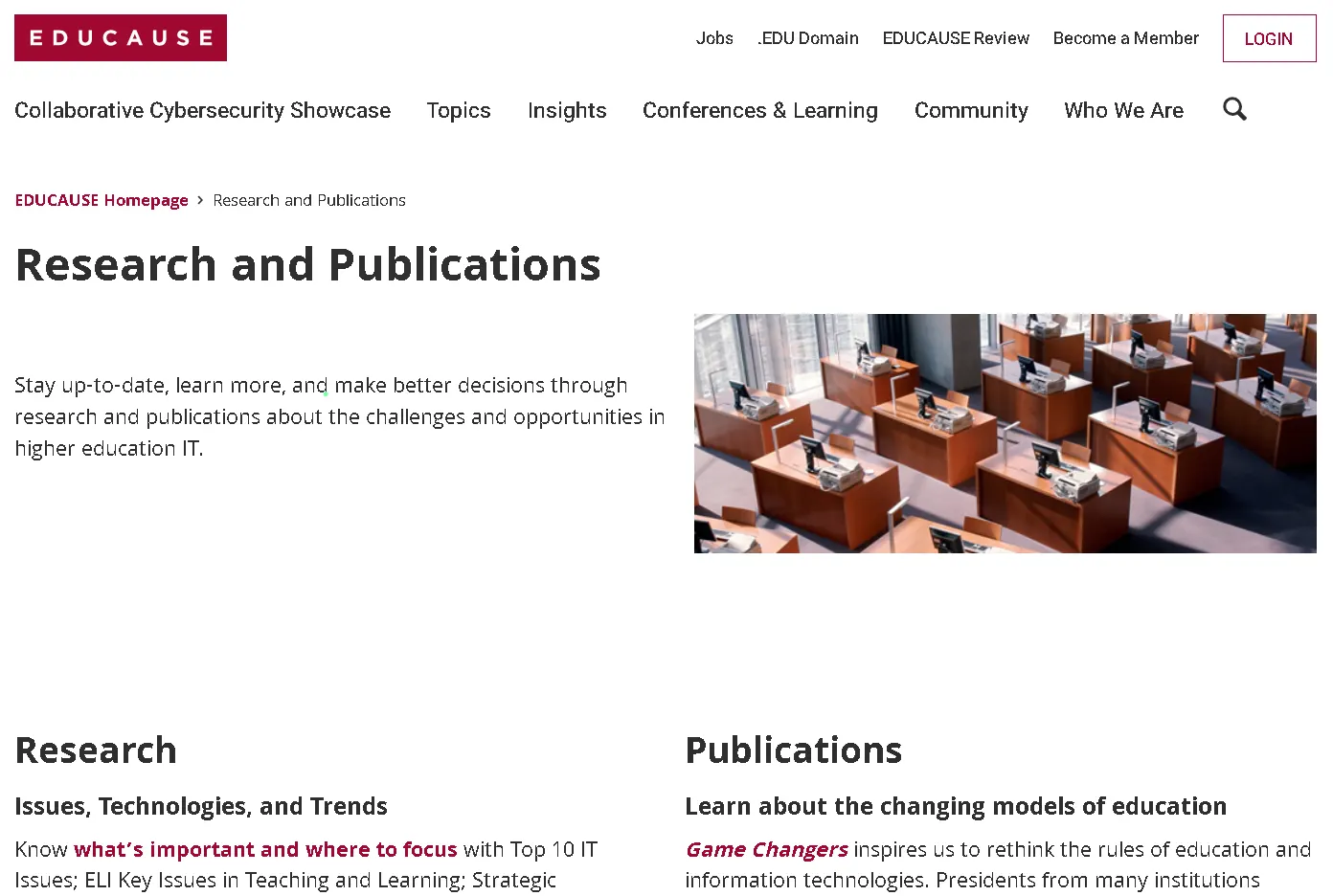EDUCAUSE research and publications webpage showing higher education IT reports, trends, research tools, and academic technology resources