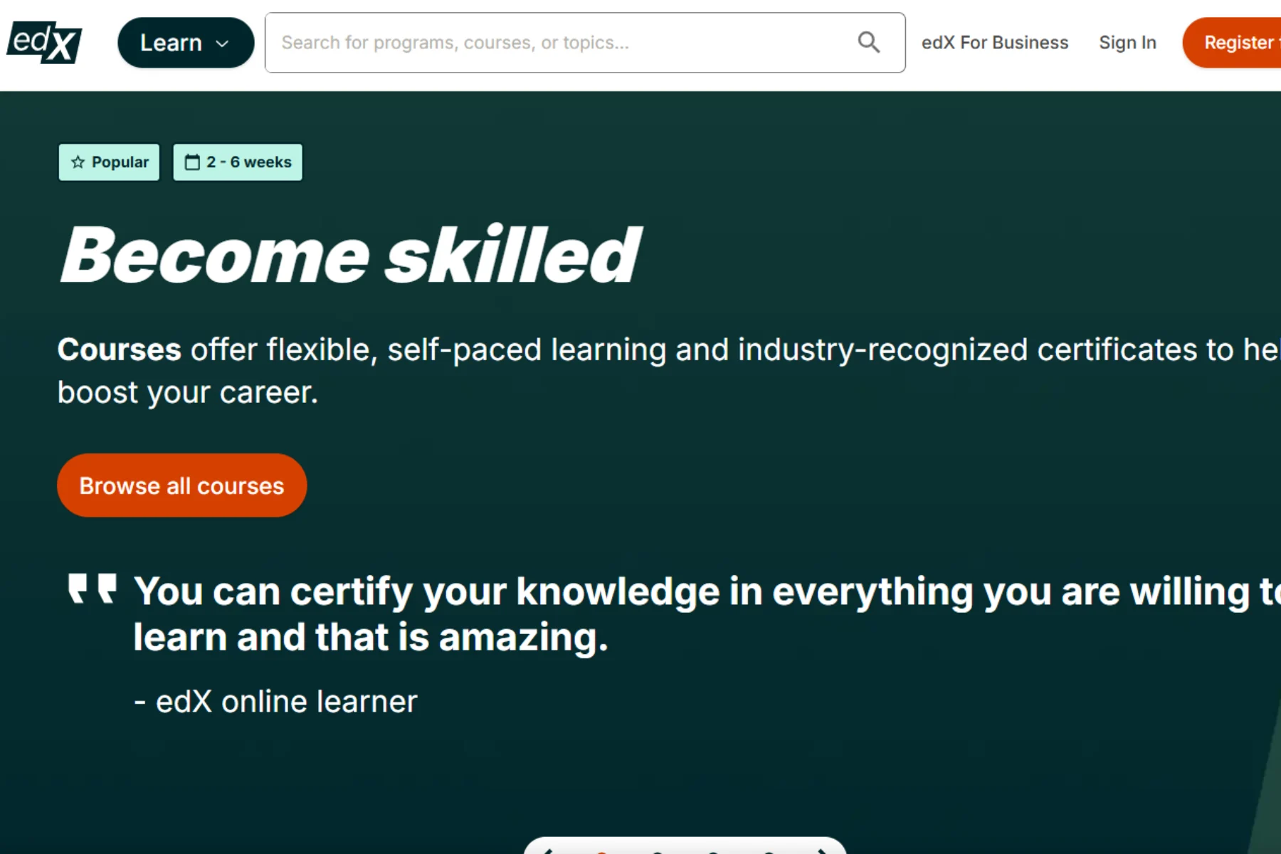 Homepage banner of edX featuring “Become skilled” headline, course search bar, and call-to-action button to browse online courses.