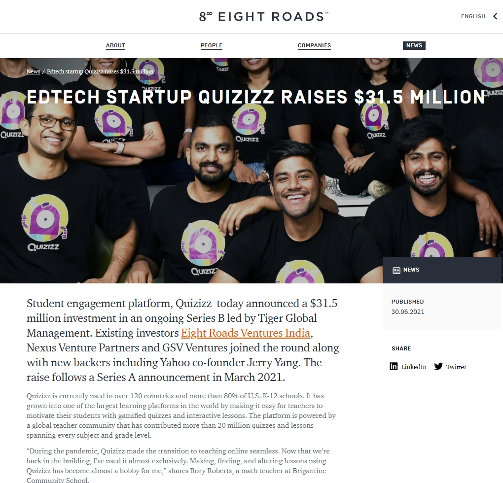 Screenshot of Eight Roads news article stating edtech startup Quizizz raises $31.5 million, showing headline, team photo, and 2021 date.