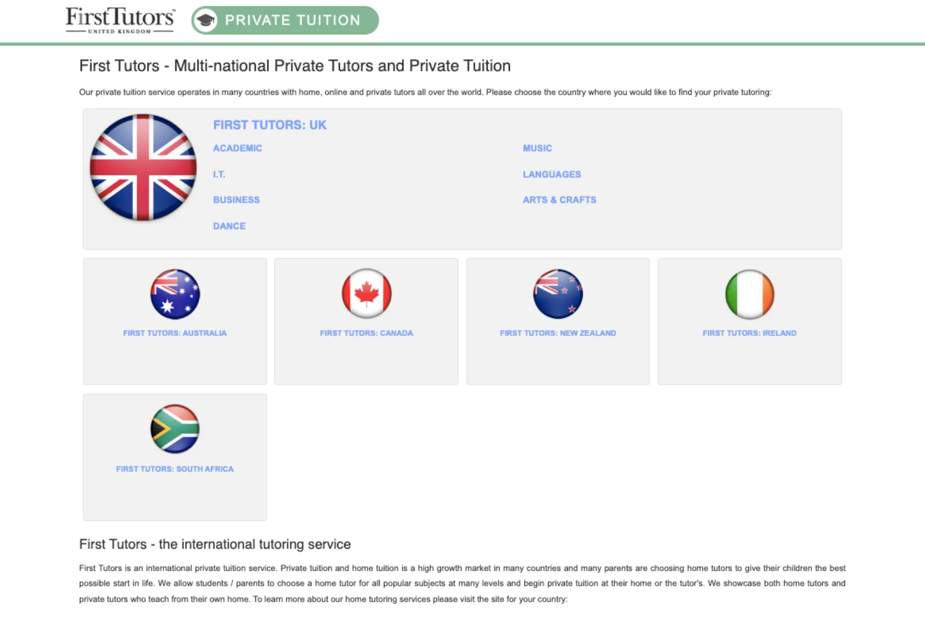 First Tutors Private Tuition international homepage showing country selection options including UK, Australia, Canada, New Zealand, Ireland, and South Africa