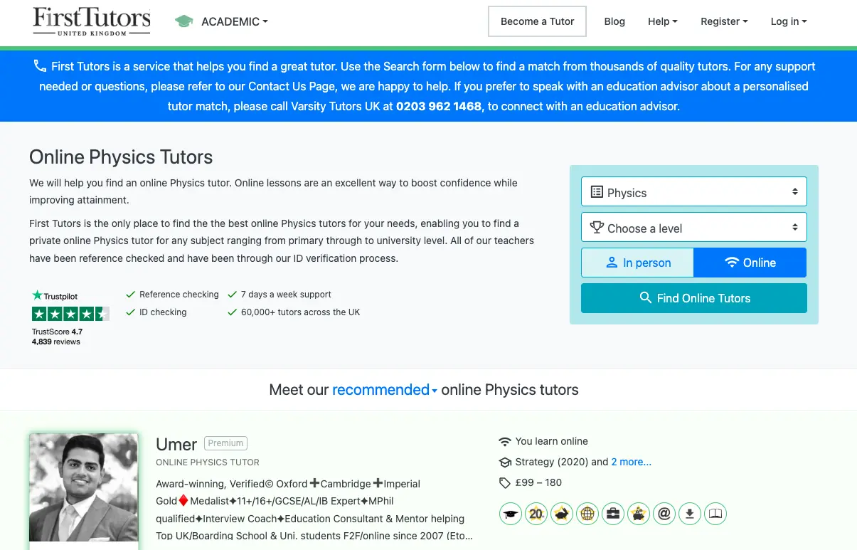 Online Physics tutors listing page on First Tutors UK showing search filters, tutor profile (Umer), pricing, and Trustpilot rating