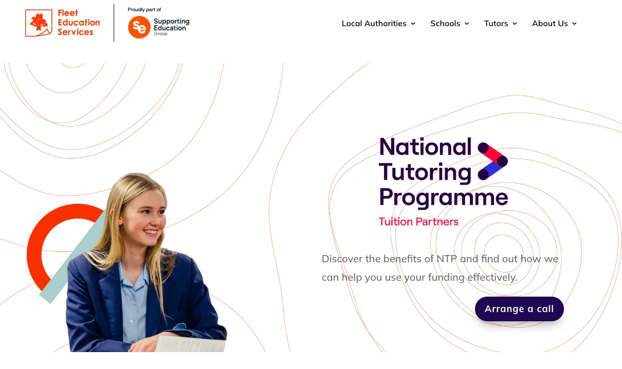 Fleet Education Services National Tutoring Programme webpage banner showing a smiling female tutor with call-to-action for tuition partners