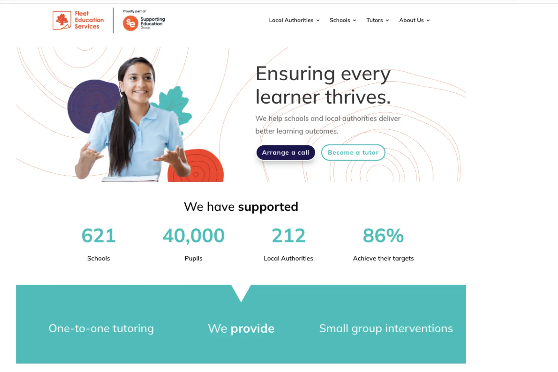 Homepage of Fleet Education Services showing a smiling student and the headline “Ensuring every learner thrives,” with call-to-action buttons for arranging a call or becoming a tutor.