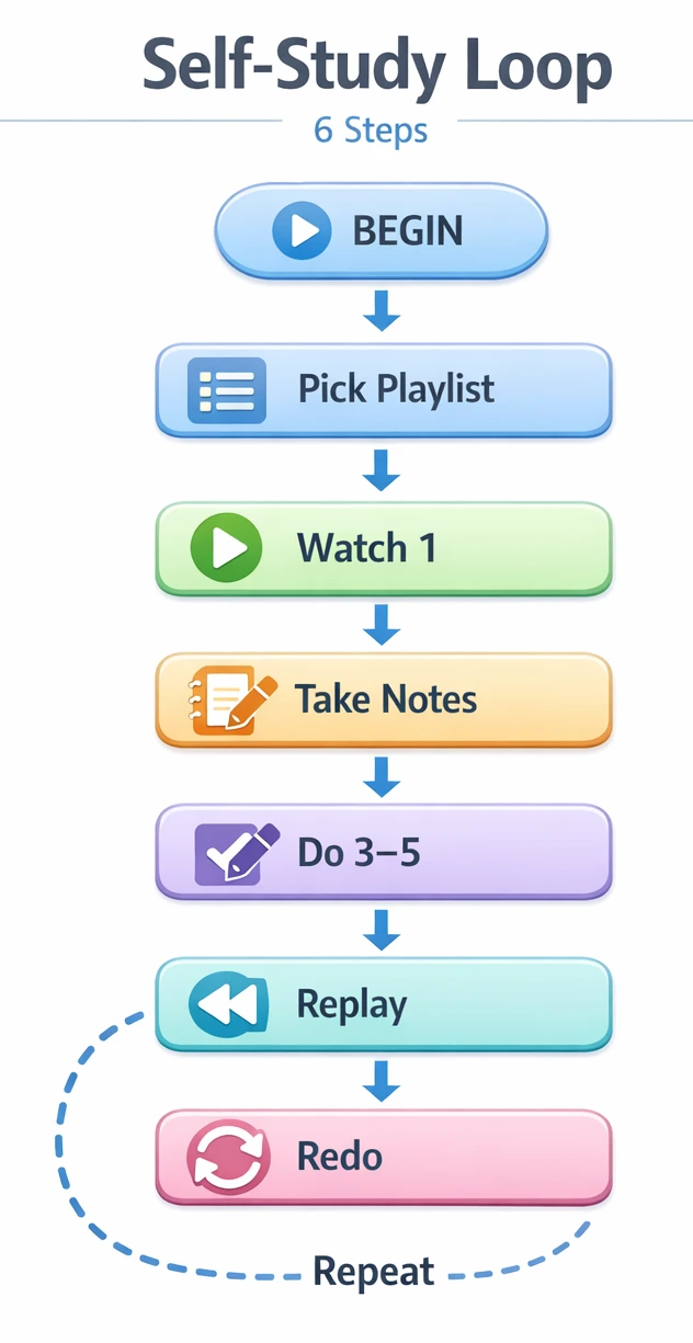 Flowchart showing Flipping Physics self-study loop: pick playlist, watch one lesson, take notes, do 3–5 problems, replay, redo, repeat