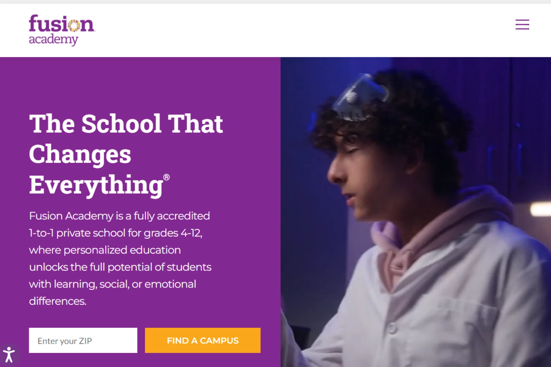 Homepage banner of Fusion Academy highlighting personalized 1-to-1 private school education for grades 4–12 with “Find a Campus” call-to-action.