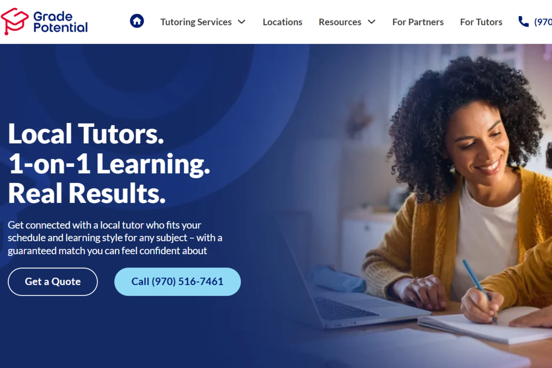 Grade Potential tutoring services homepage showing “Local Tutors. 1-on-1 Learning. Real Results.” with a tutor helping a student at a desk with a laptop.