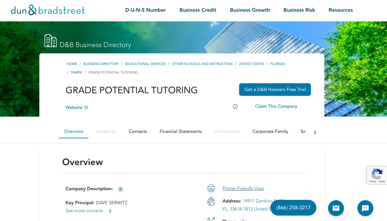 Screenshot of Dun & Bradstreet business directory listing for Grade Potential Tutoring in Tampa, Florida, showing company overview and contact details.