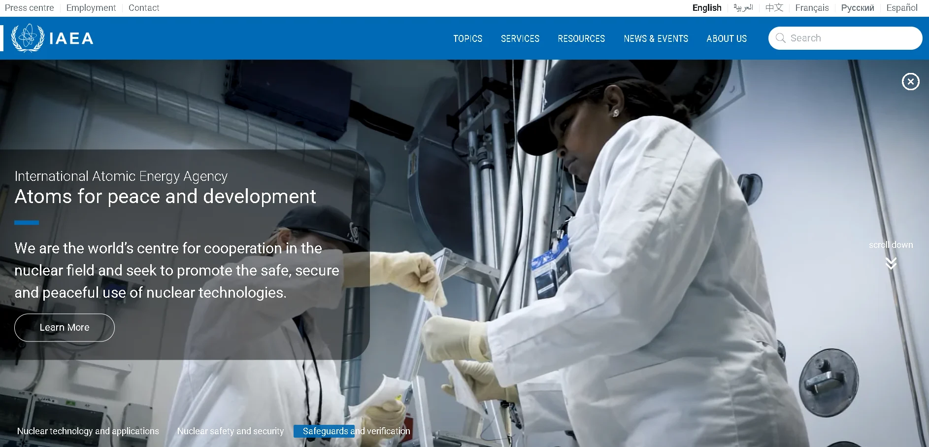 IAEA homepage featuring nuclear science, safety programs, and global cooperation for peaceful use of nuclear technology