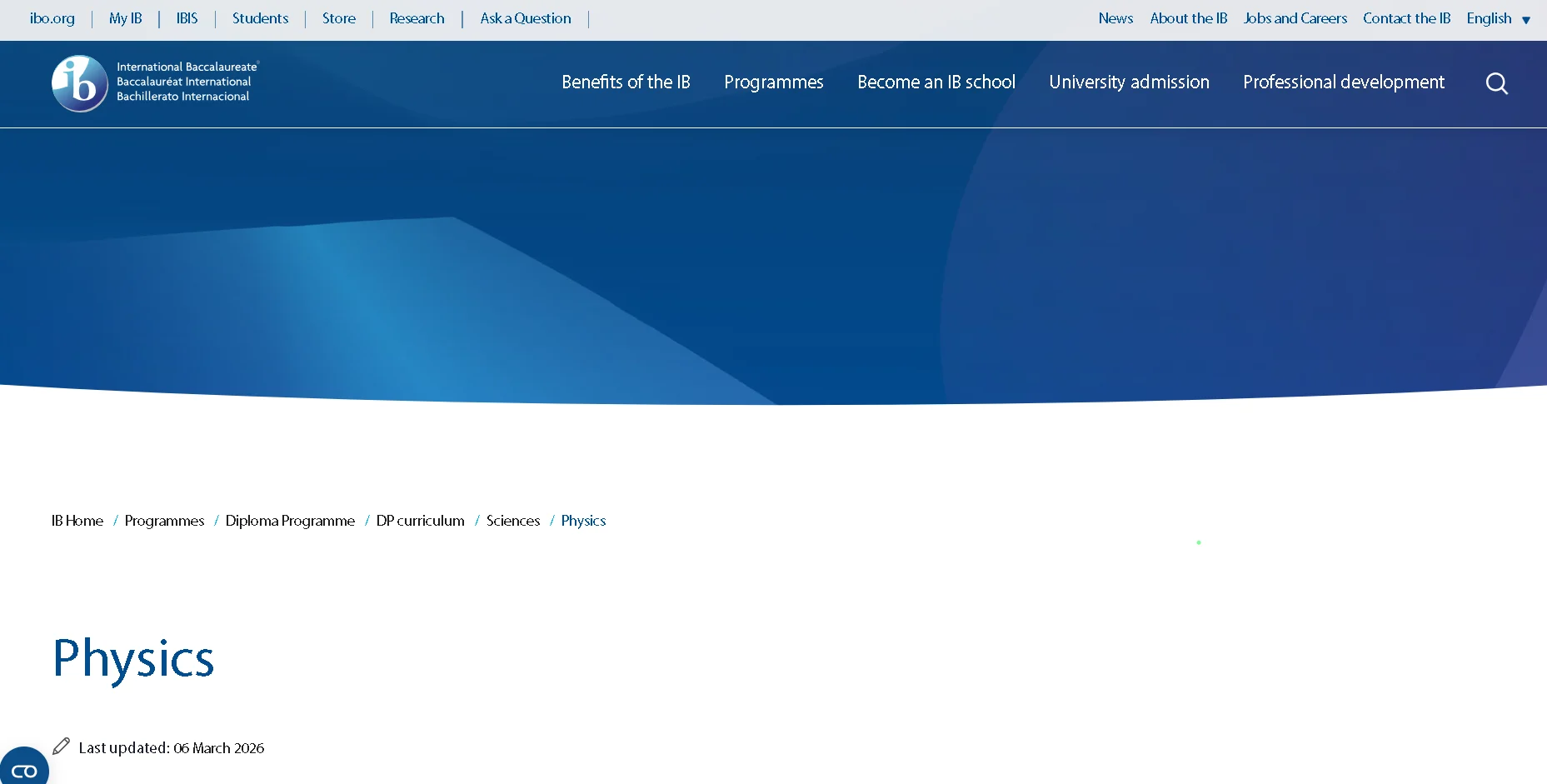 IB Diploma Programme physics curriculum page showing syllabus, scientific concepts, and experimental learning in International Baccalaureate education