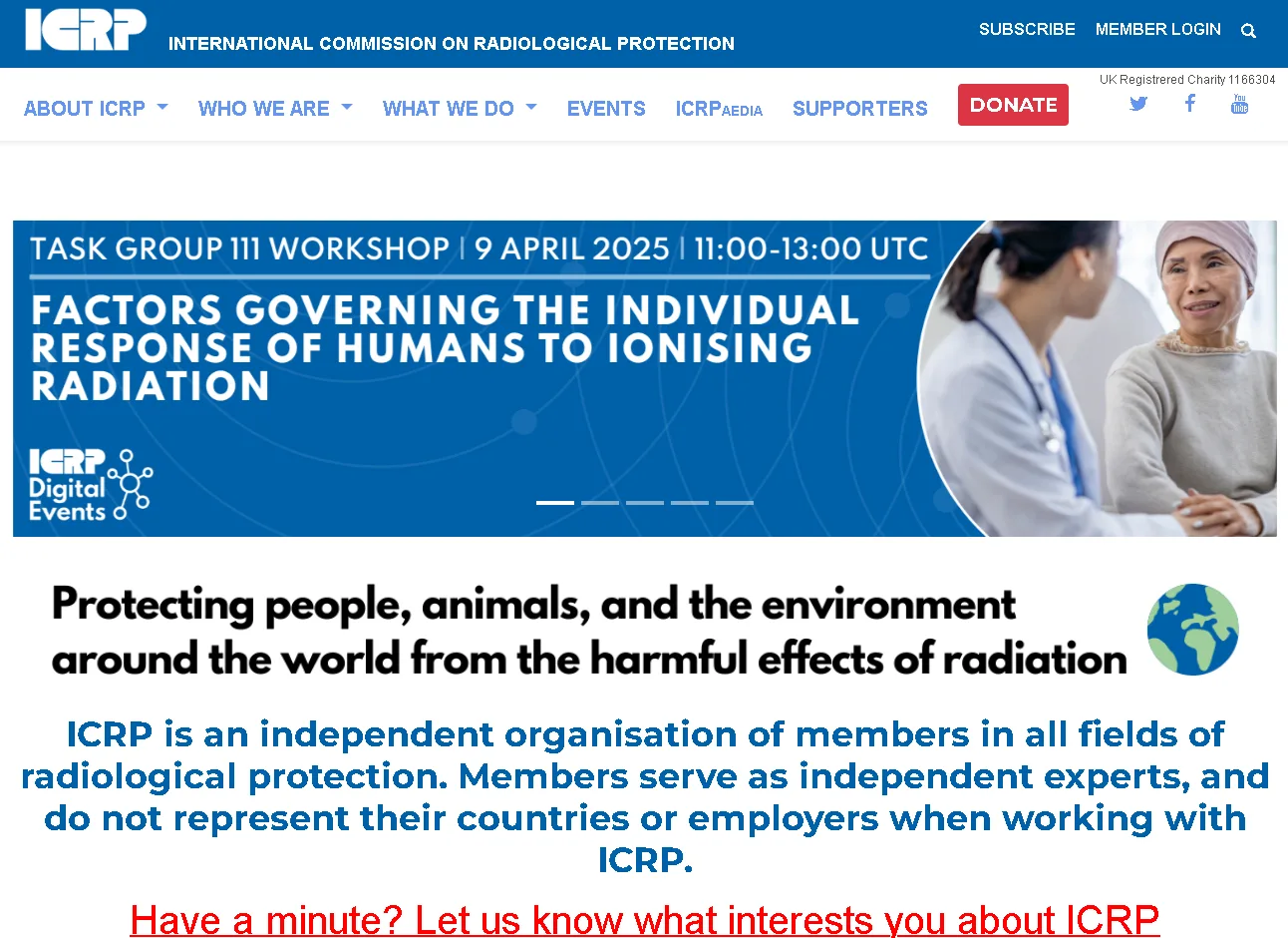 ICRP homepage featuring radiation protection guidelines, scientific recommendations, and global health safety standards