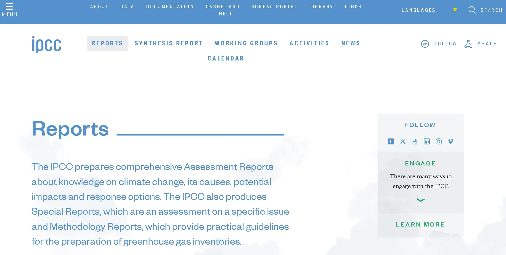 IPCC climate change assessment reports page showing global climate science research and reports