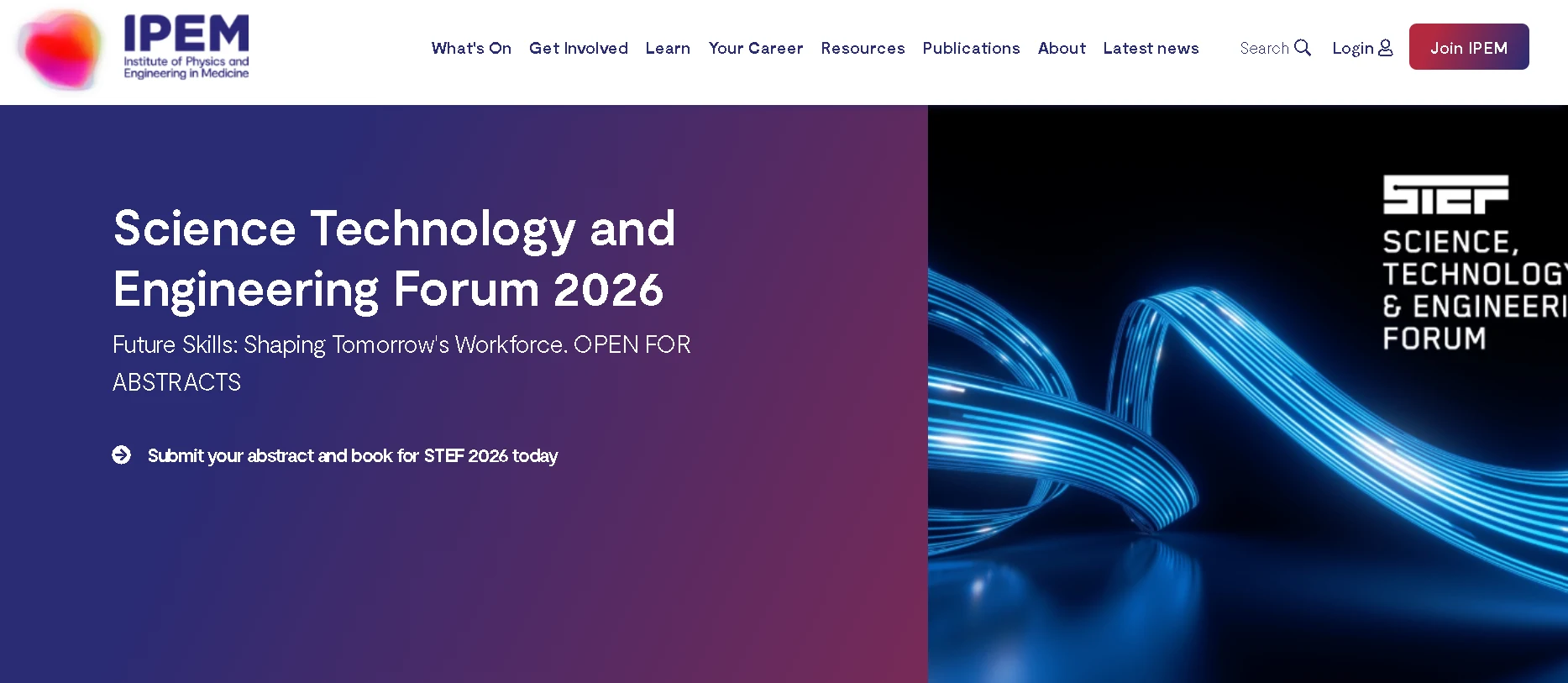 IPEM website homepage showing medical physics and biomedical engineering resources, professional membership, and healthcare science initiatives