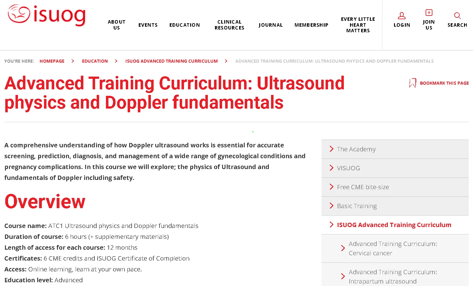 ISUOG ultrasound physics and Doppler fundamentals course page showing advanced training curriculum for medical ultrasound education