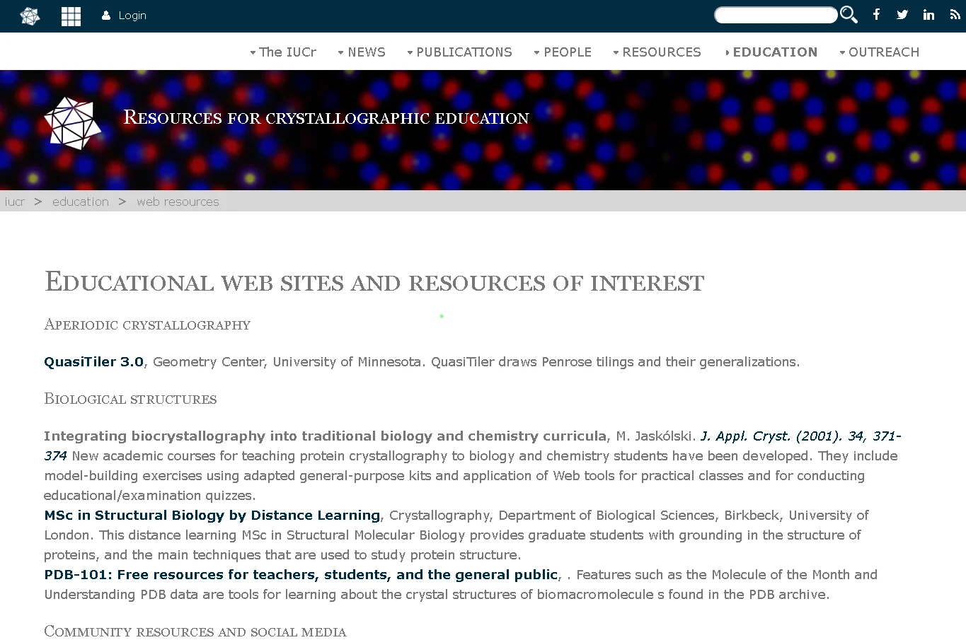 IUCr crystallography education resources webpage showing teaching materials, crystal structure tools, and learning resources for students and educators
