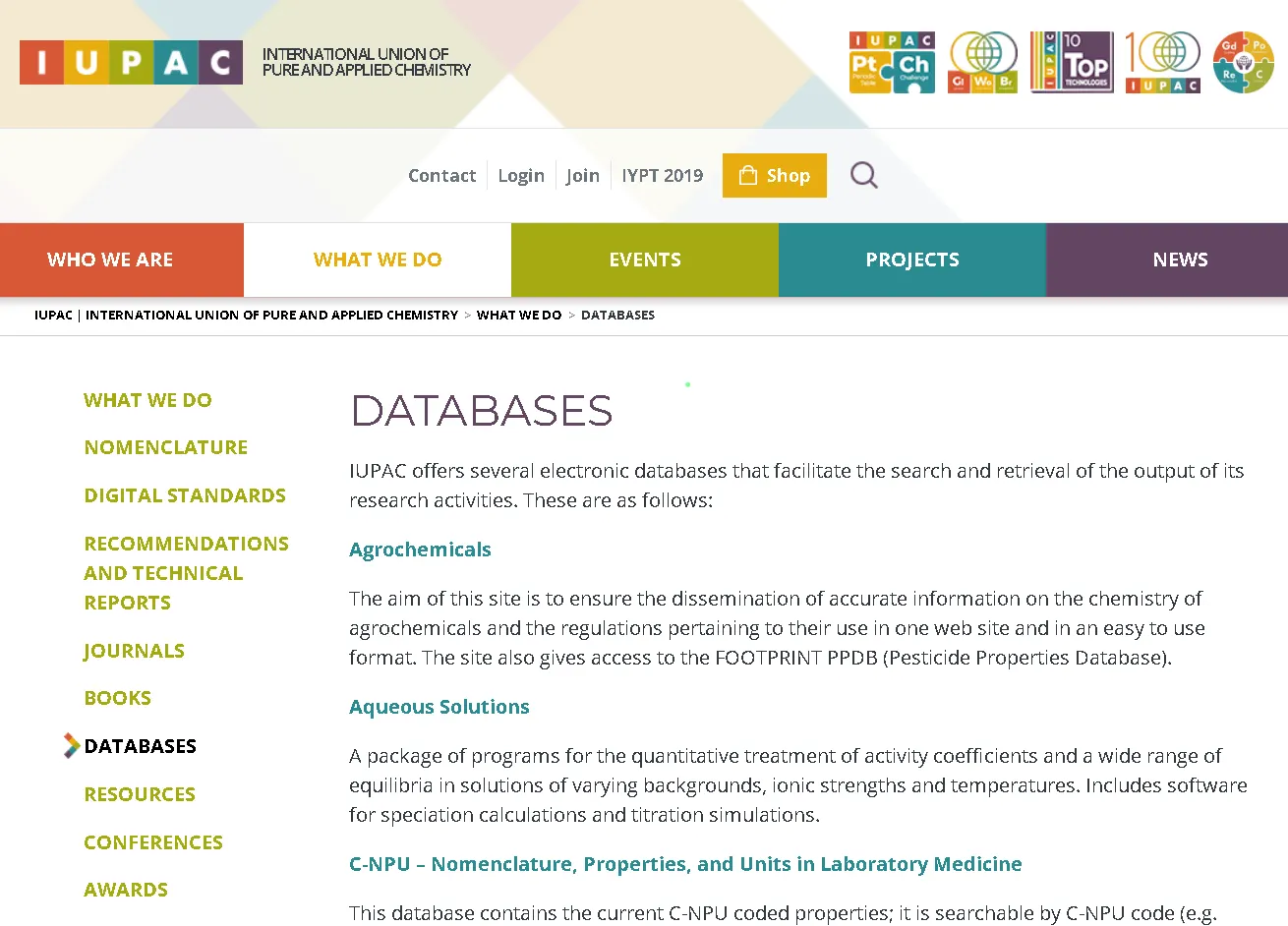IUPAC databases page featuring chemical data resources including solubility database, Gold Book terminology, and gas kinetic data