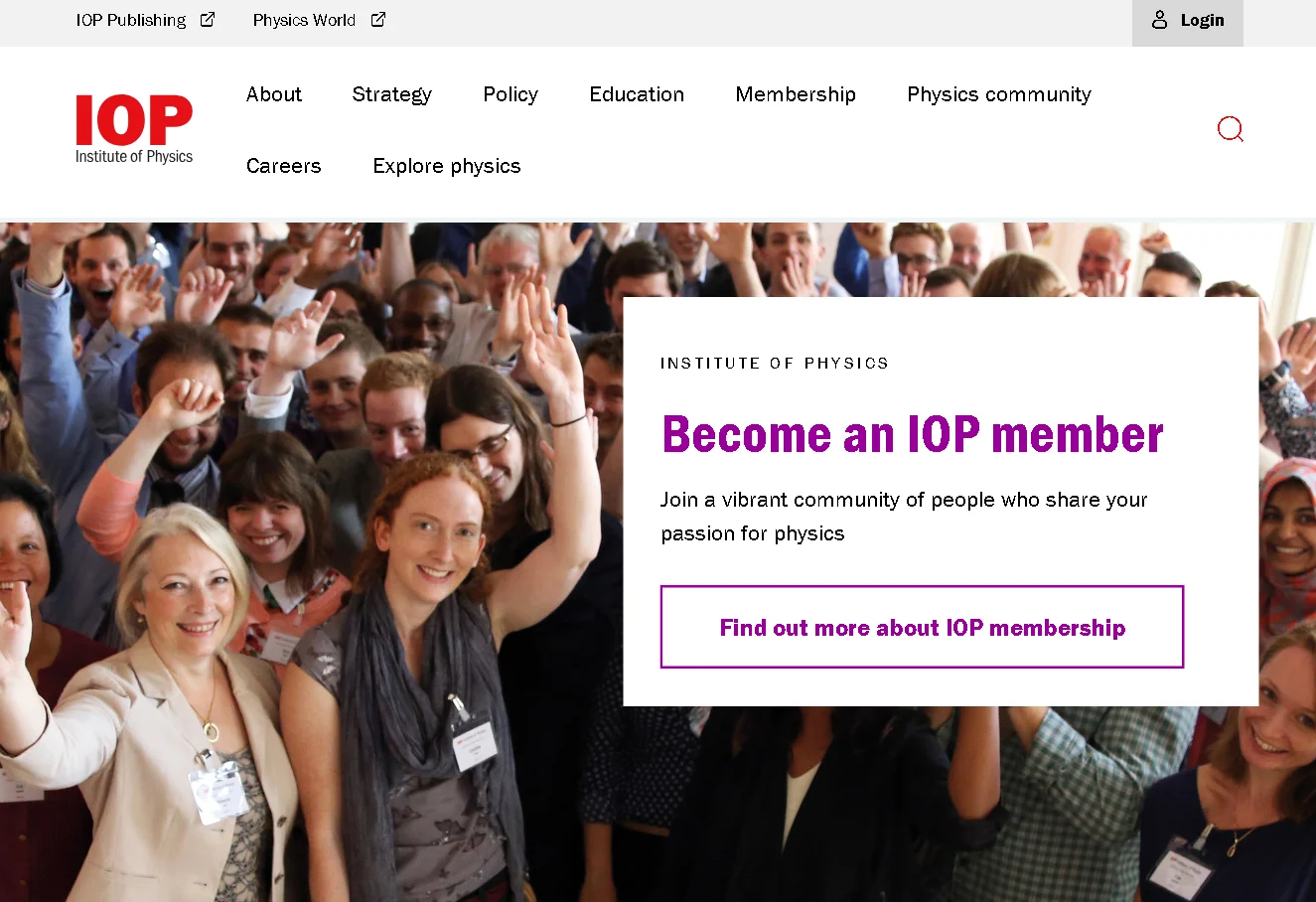 Institute of Physics membership page showing physics community joining IOP professional membership