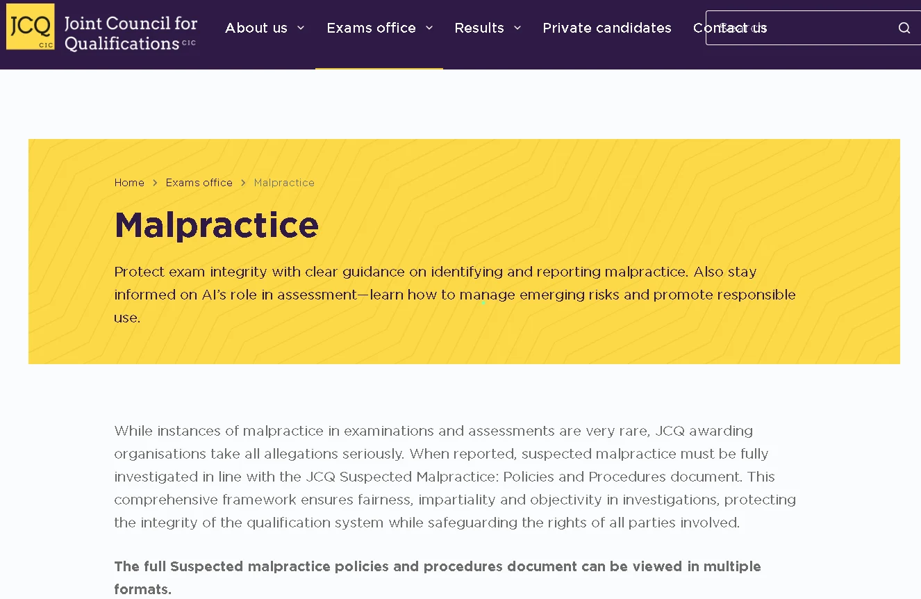 JCQ malpractice webpage showing exam integrity guidelines, reporting procedures, and policies for handling assessment misconduct