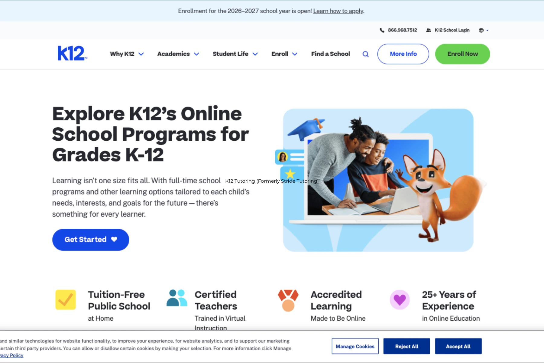 K12 online school programs homepage showcasing virtual learning for grades K–12 with a parent and student using a laptop, highlighting tuition-free public school, certified teachers, and accredited online education.