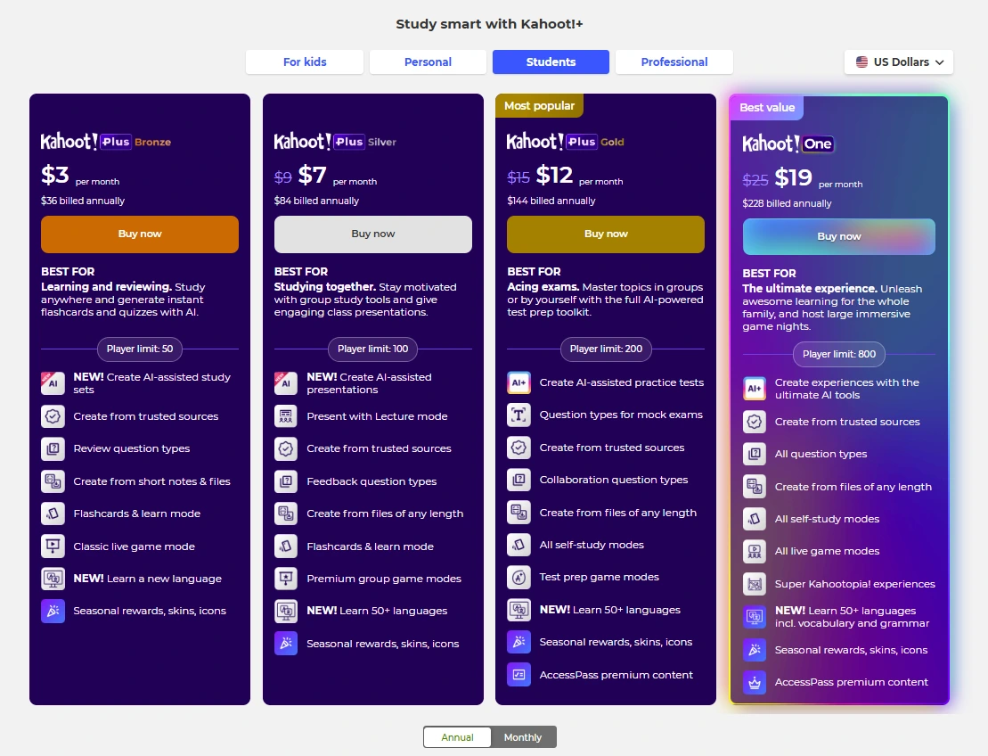 Kahoot pricing table for Students showing Kahoot! Plus Bronze ($3/mo), Plus Silver ($7/mo), Plus Gold ($12/mo), and Kahoot! One ($19/mo) with annual billing and feature lists.