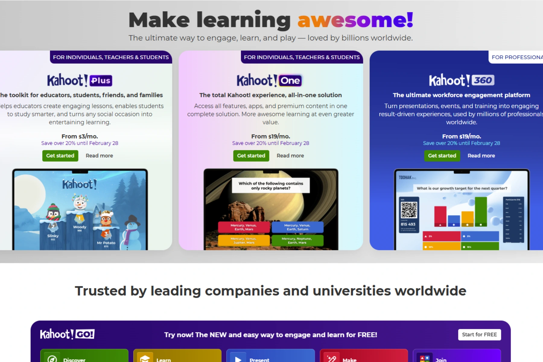 Kahoot homepage screenshot showing “Make learning awesome!” with plans Kahoot! Plus ($3/mo), Kahoot! One ($19/mo), and Kahoot! 360 ($19/mo).