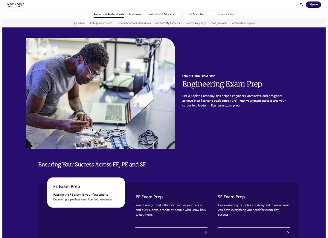Kaplan Engineering Exam Prep page showing engineer working with electronics and links for FE, PE, and SE exam preparation.