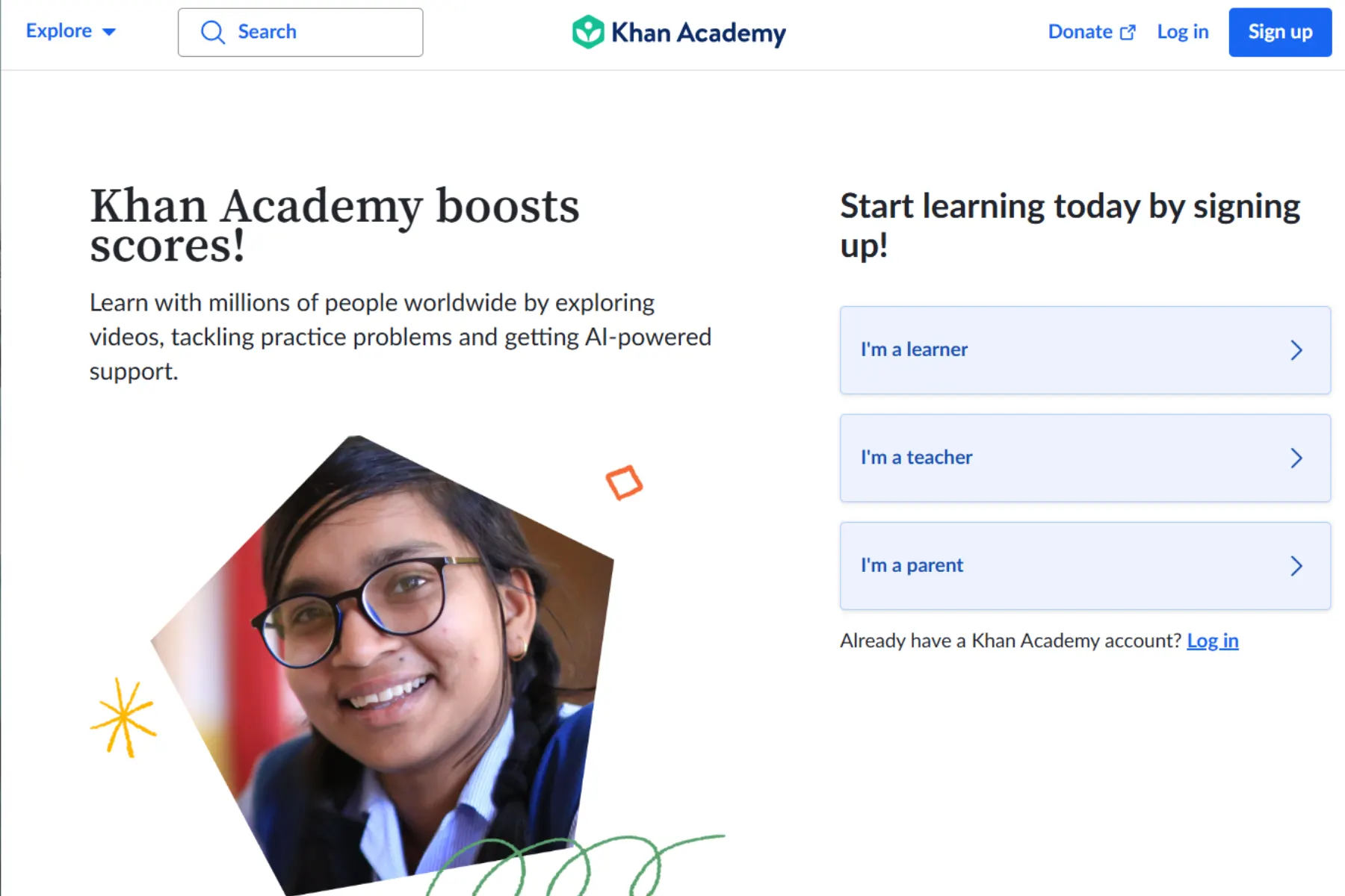Khan Academy homepage showing “Khan Academy boosts scores!” with sign-up options for learners, teachers, and parents, and a smiling student wearing glasses.