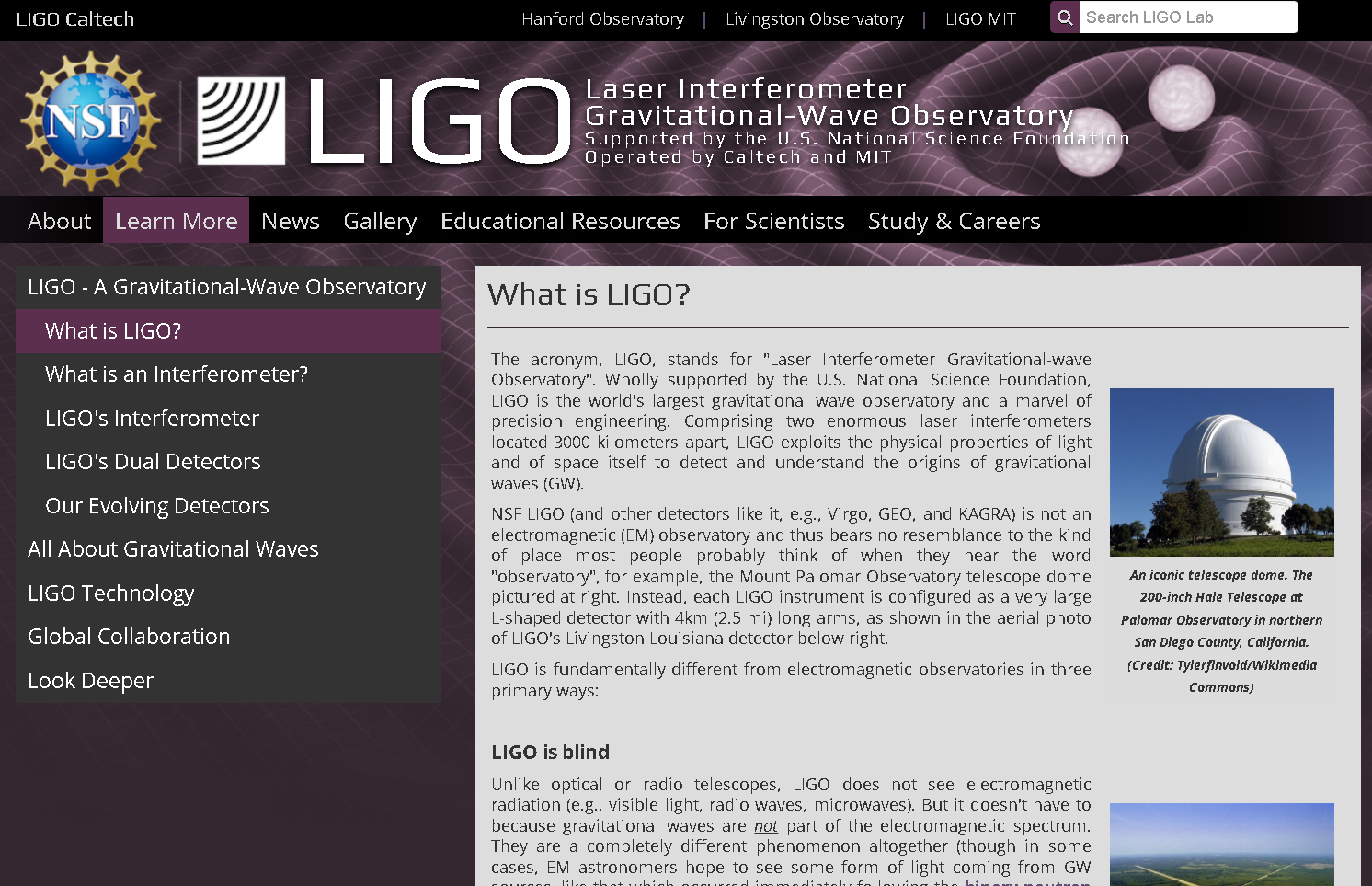 LIGO gravitational wave observatory showing laser interferometer arms used to detect ripples in space-time from cosmic events