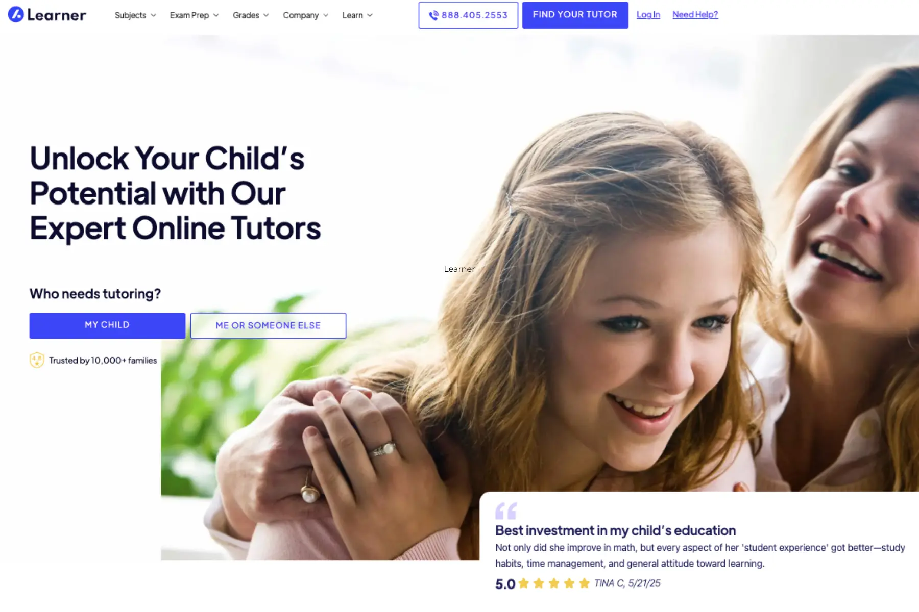 Learner homepage promoting expert online tutoring for children, featuring a parent and child smiling together and a “Find Your Tutor” call-to-action.