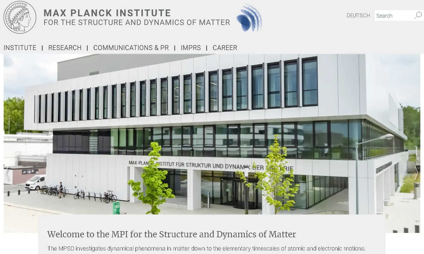 Max Planck Institute for the Structure and Dynamics of Matter website showing quantum materials research, ultrafast laser experiments, and physics departments