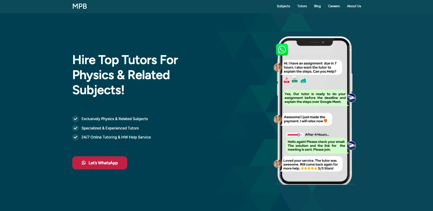 My Physics Buddy homepage showing online physics tutoring services with WhatsApp support, highlighting experienced tutors, physics homework help, and 24/7 online tutoring.