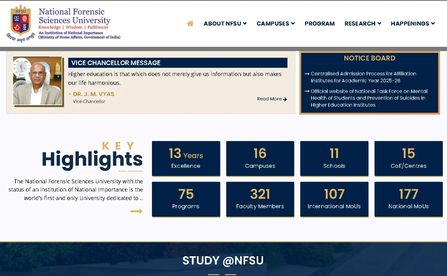National Forensic Sciences University website homepage showing forensic science courses, research programs, and admission information in India