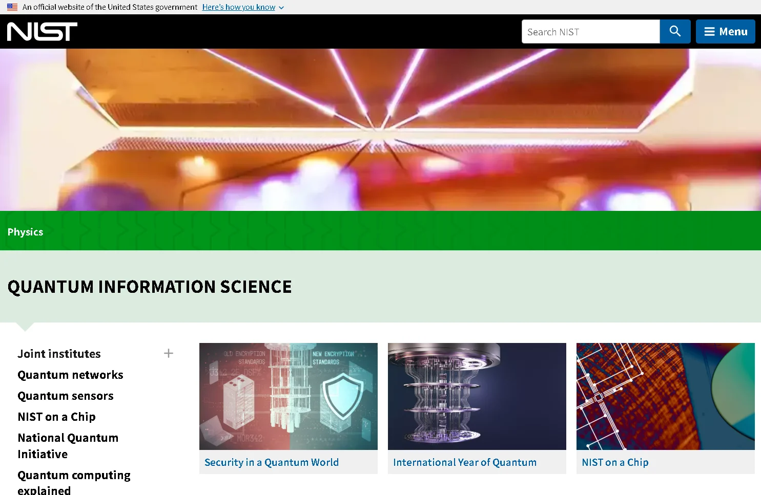 NIST quantum information science page explaining quantum computing, quantum sensors, and advanced research in information technology