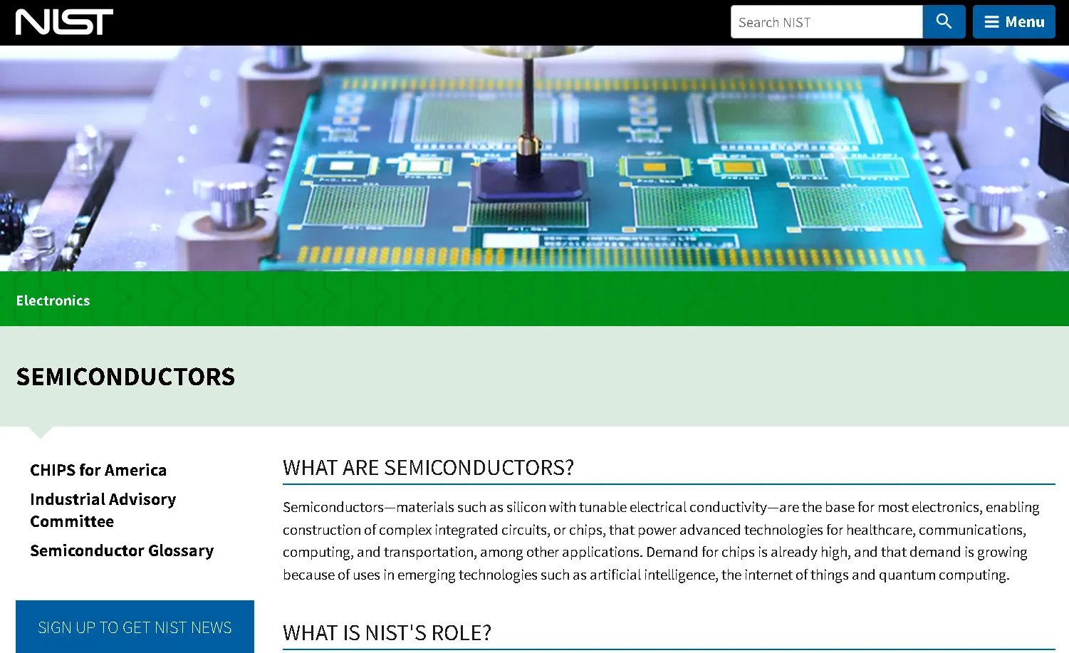 NIST semiconductors page explaining silicon chips, microelectronics research, and measurement science for advanced technology