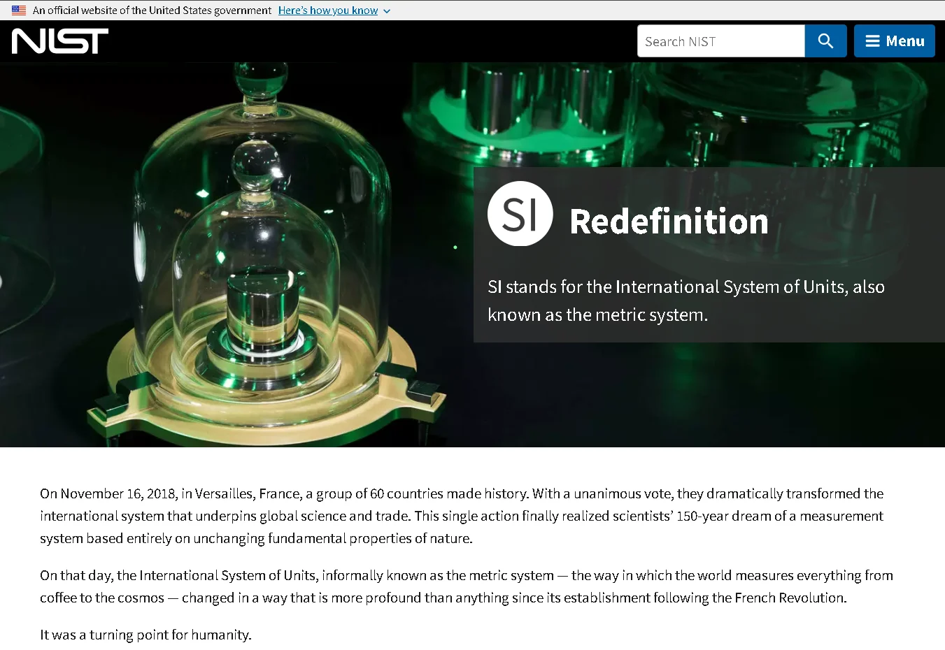NIST SI redefinition page explaining metric system update based on fundamental constants like Planck constant and speed of light
