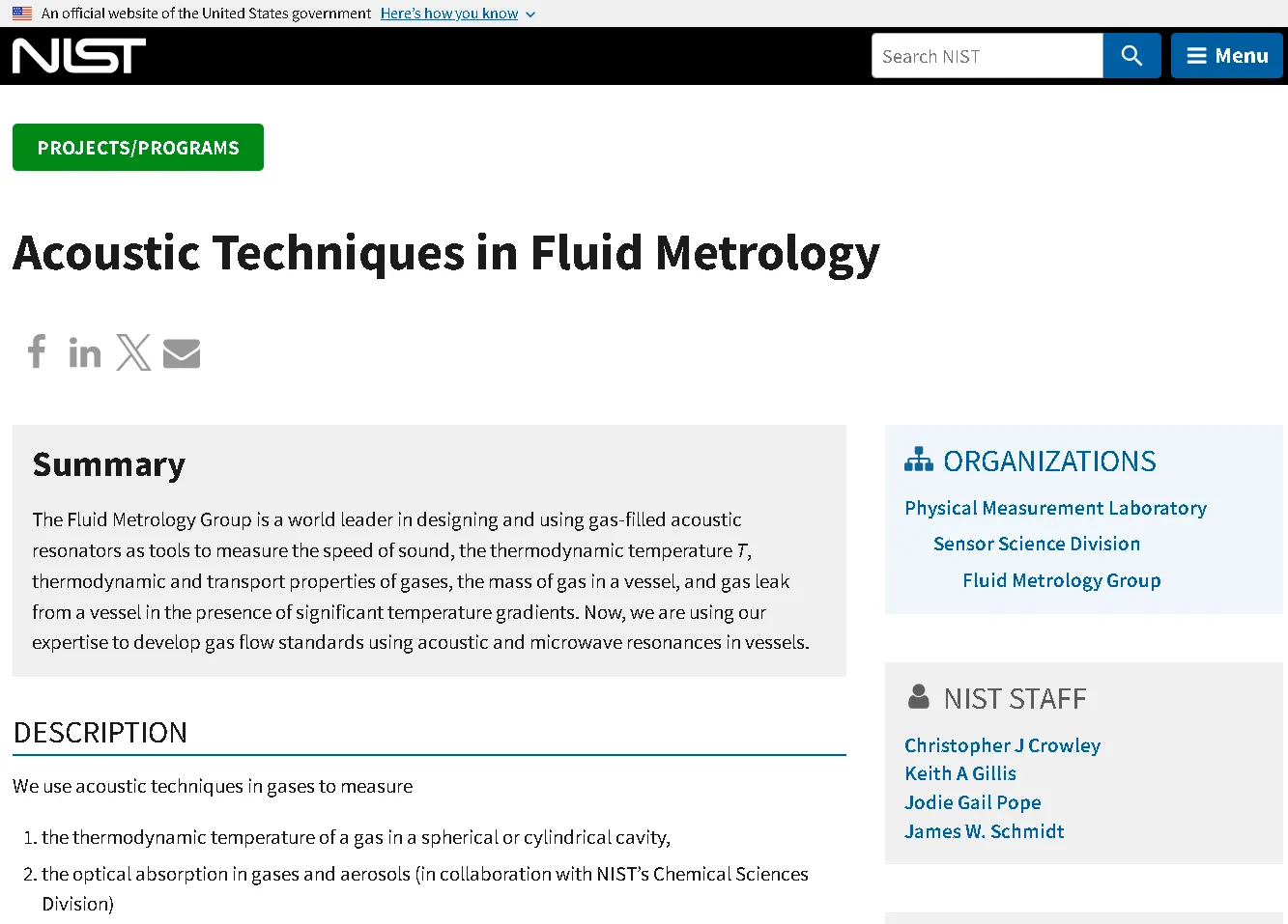 NIST acoustic techniques in fluid metrology page showing research on gas measurement and sound-based analysis