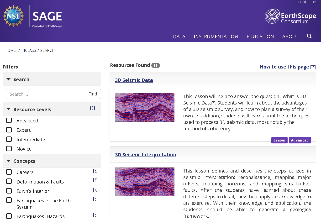 IRIS seismology education search page showing filters for earthquake lessons, seismic waves, geophysics resources, and interactive classroom tools