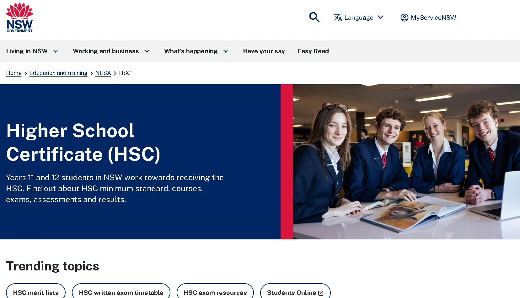 NSW HSC NESA webpage showing Higher School Certificate exam information, student resources, syllabus, and assessment guidelines