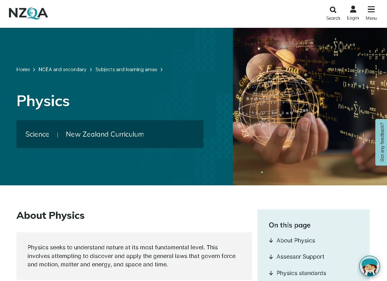 Hand holding a glowing globe with physics formulas and equations, representing science and physics education in New Zealand curriculum